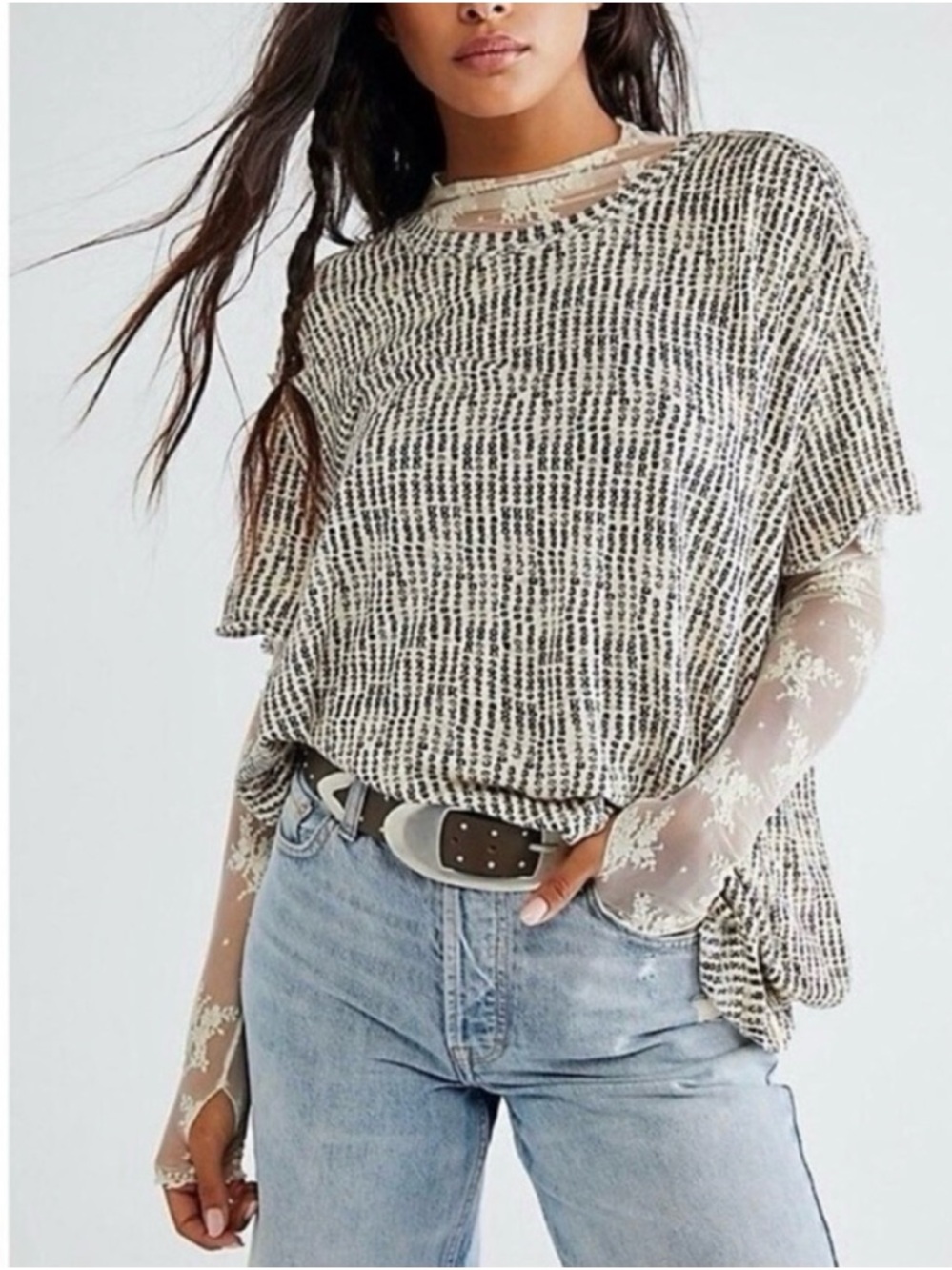 FREE PEOPLE Short Sleeve Printed Tee Bali Backpacker linen blend